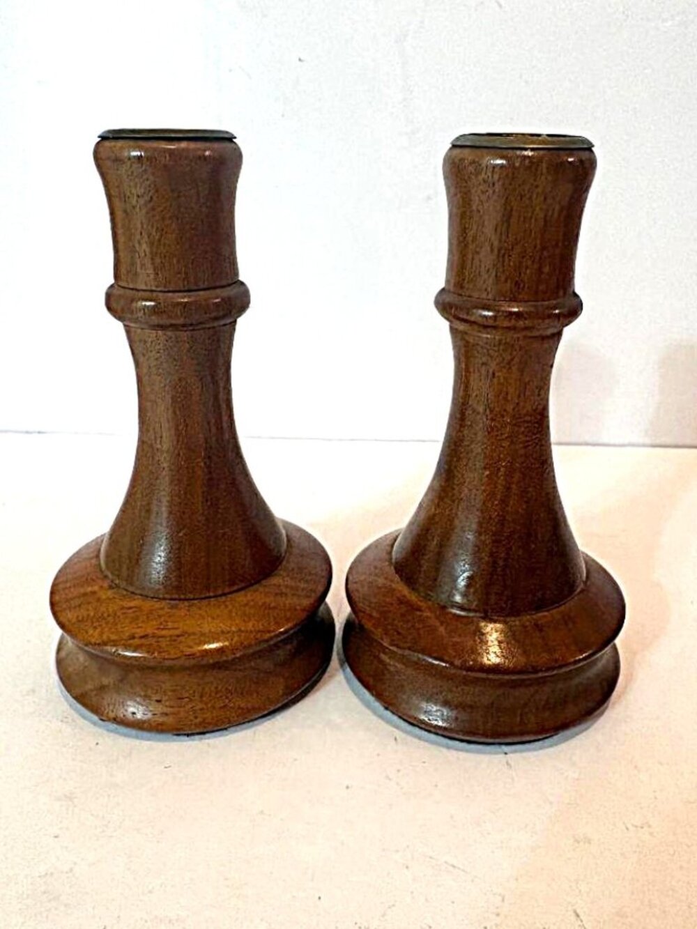 MCM vintage Modernist Farmhouse Turned Dark Walnut Wood Candle Holders set of 2